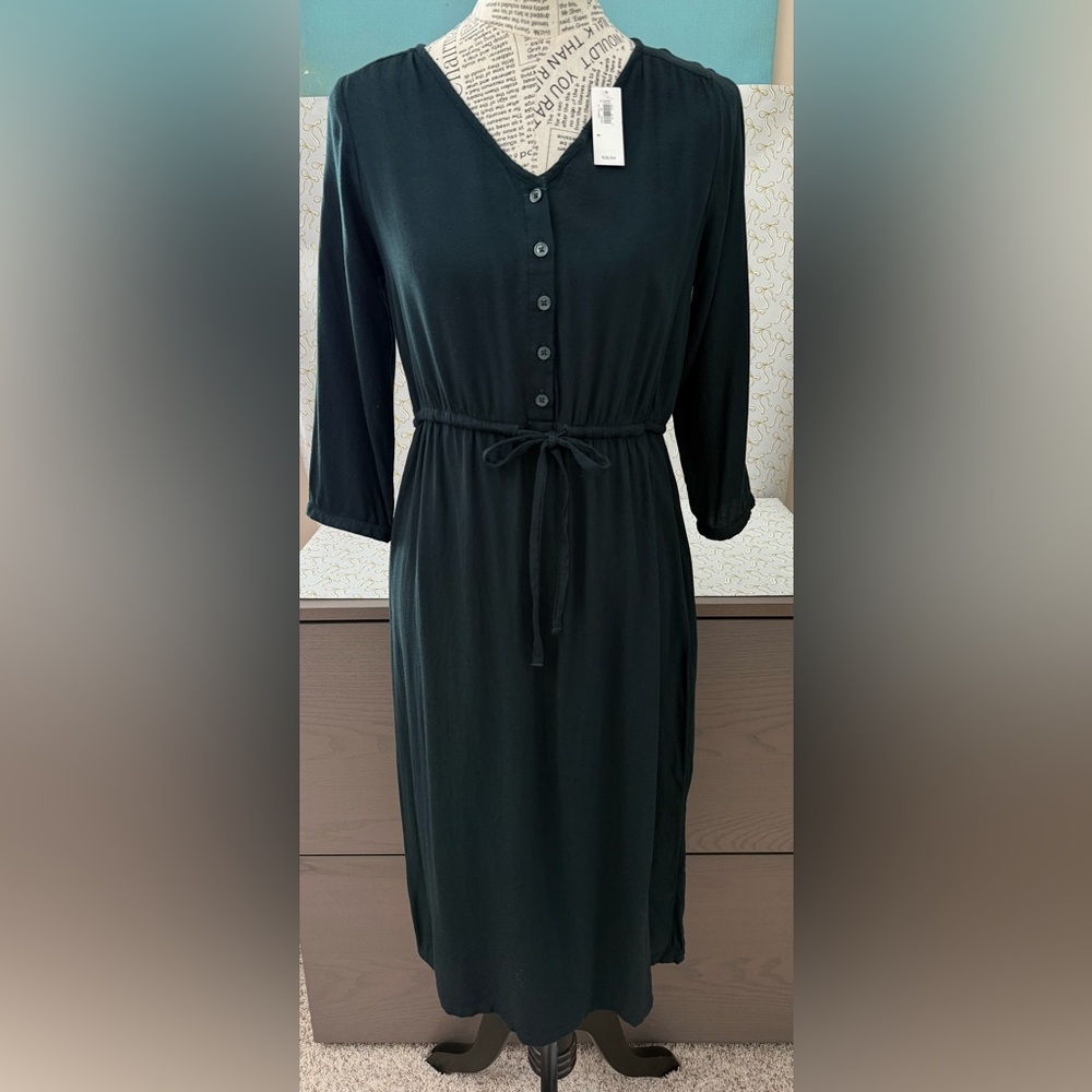 Old Navy Dress  Forest Green 3/4 Sleeve Button Up Drawstring Waist Lined Medium